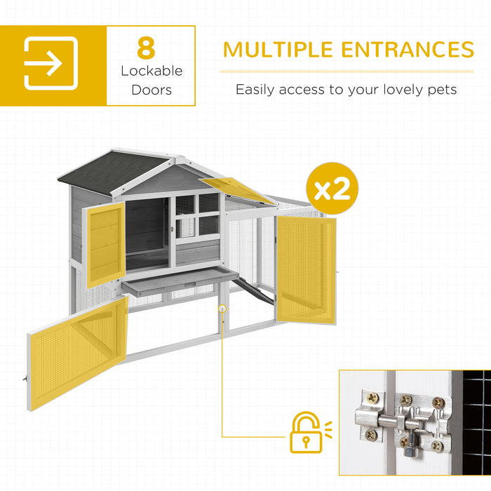 PawHut 102" 2-In-1 Wooden Rabbit House, Large Bunny Cage with 2 Run Boxes & Ramp, Gray