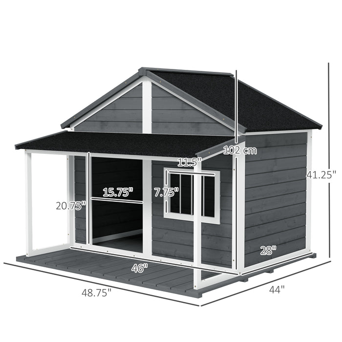 PawHut Outdoor Dog House Cabin Style  for Medium/Large Dogs, Wooden Raised Shelter with Asphalt Roof, Gray