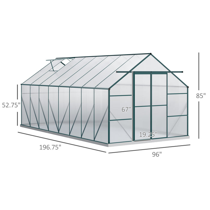 Outsunny 16' x 8' Aluminum Greenhouse Kit with Adjustable Roof Vent, Rain Gutter and Sliding Door