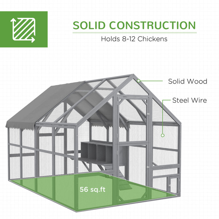 PawHut 9.2' x 6.1' Large Chicken Coop with Nesting Box, Water-Resistant and Anti-UV Cover for 8-12 Chickens, Gray