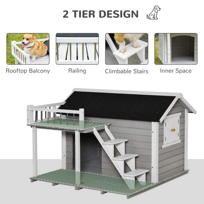 PawHut Wooden Dog House 2-Tier Raised Pet Shelter with Weather Resistant Roof for Medium Large Dogs Up To 55 lbs