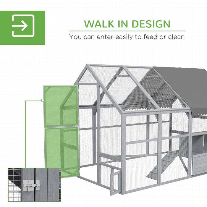 PawHut 9.2' x 6.1' Large Chicken Coop with Nesting Box, Water-Resistant and Anti-UV Cover for 8-12 Chickens, Gray