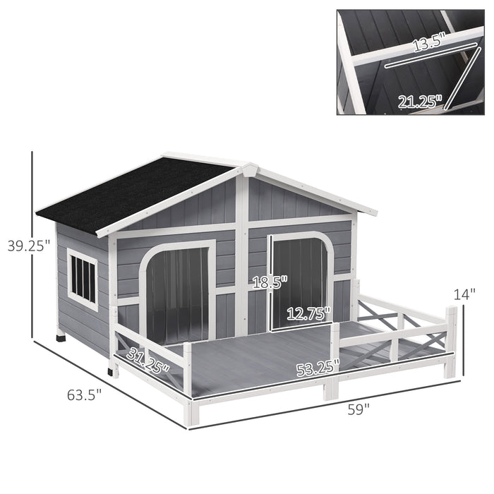 PawHut Wooden Large Dog House Outdoor Cabin Style Elevated Pet Shelter with Porch, for Small and Medium Breed Dogs, Gray