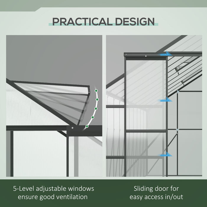 Outsunny 20' x 8' Aluminum Greenhouse Polycarbonate Walk-in with Adjustable Roof Vent, Rain Gutter & Sliding Door