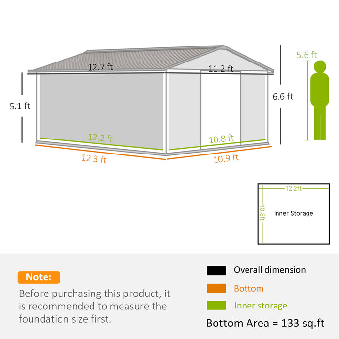 Outsunny 11' x 12.6' Metal Storage Shed, Tin Garden Shed with Double Sliding Doors, 4 Air Vents, Light Gray