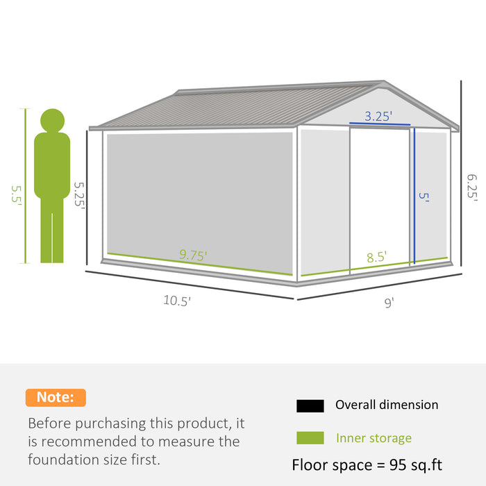 Outsunny 11' x 9' Metal Storage Shed, Garden Tool House with Double Sliding Doors, 4 Air Vents, Dark Gray