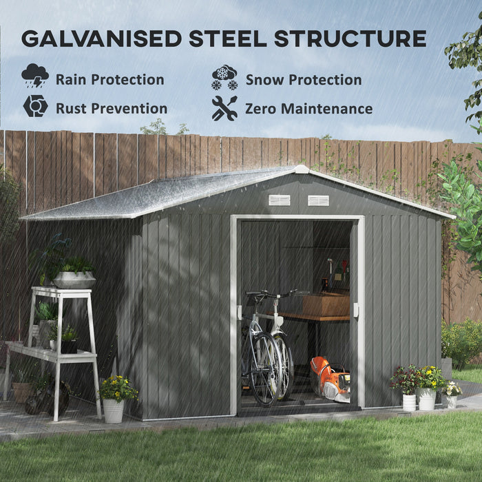 Outsunny 11' x 9' Metal Storage Shed Garden Tool House with Double Sliding Doors, 4 Air Vents, Gray