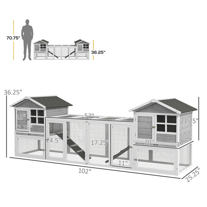 PawHut 102" 2-In-1 Wooden Rabbit House, Large Bunny Cage with 2 Run Boxes & Ramp, Gray